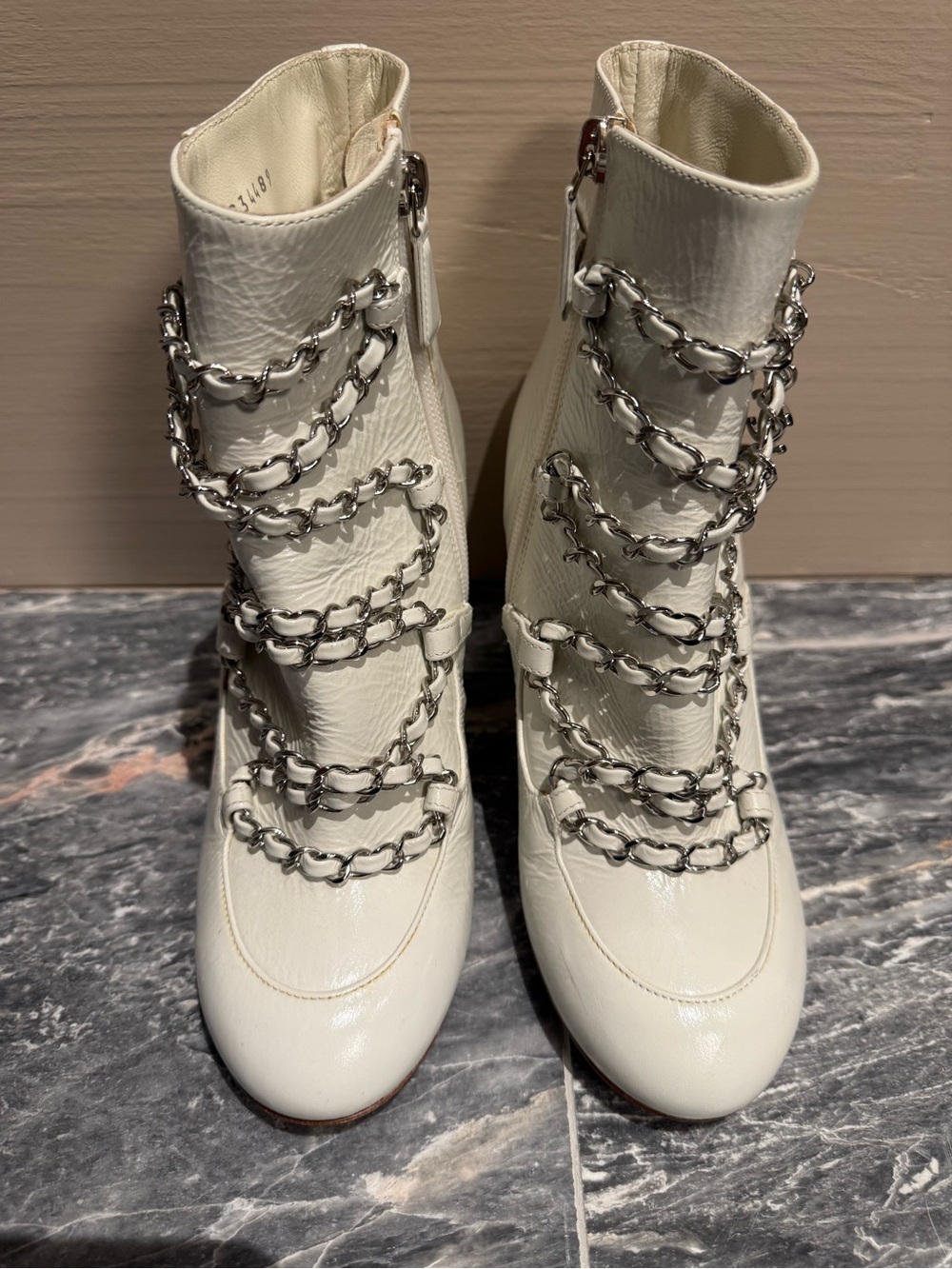 Chanel Women's White Chain-Detail Ankle Boots